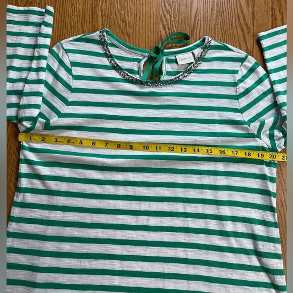 Chico’s Striped Embellished-Neckline Green White Top Size Large - Picture 5 of 7